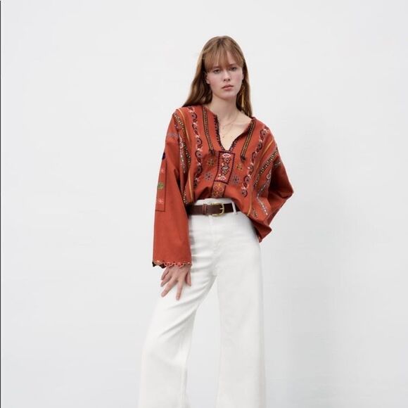 Zara Embroidered Linen Blend Shirt Top - Picture 7 of 10